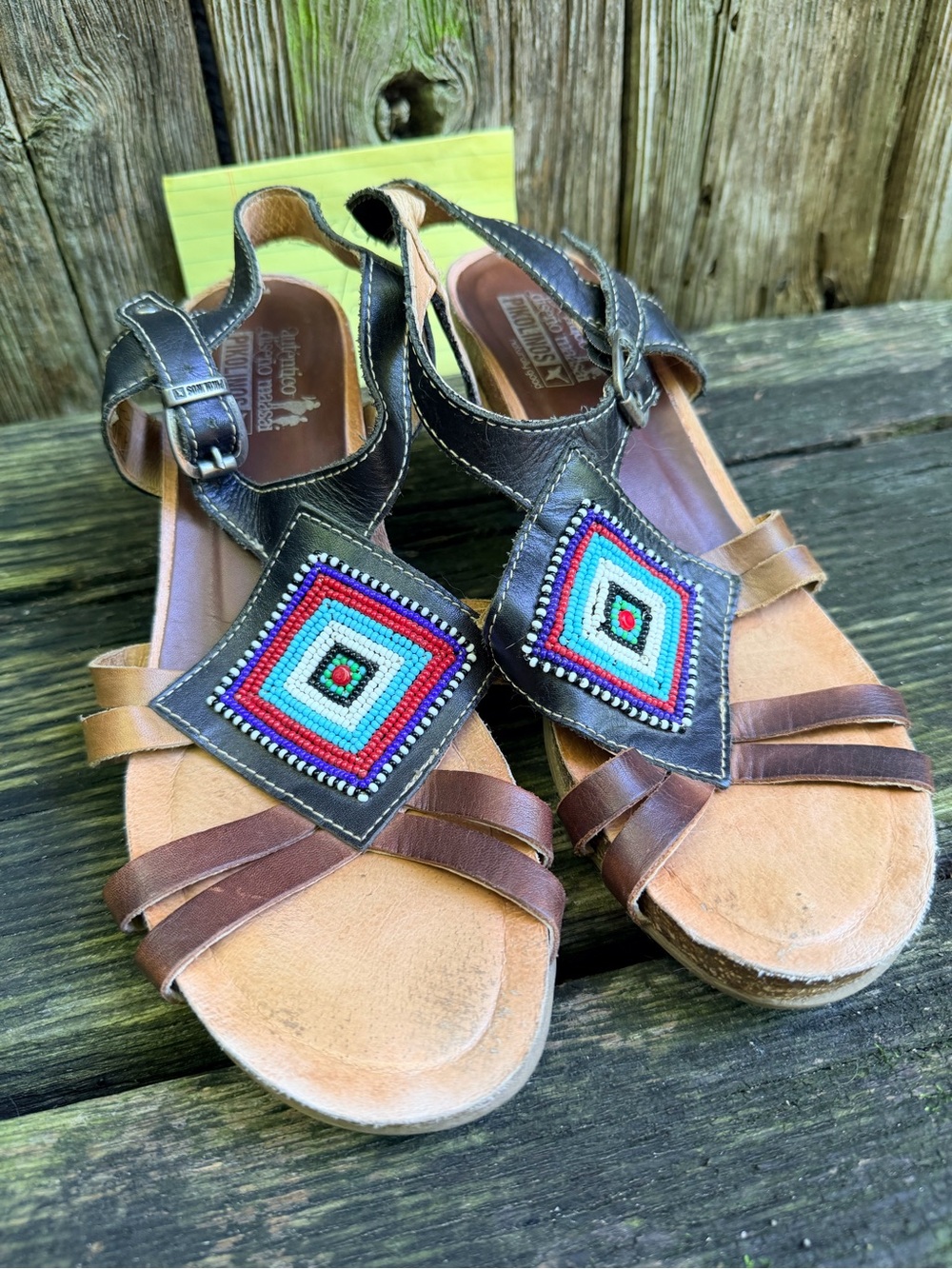 PIKOLINOS Women’s Brown & Black Leather Sandals with Multicolor Beads 39